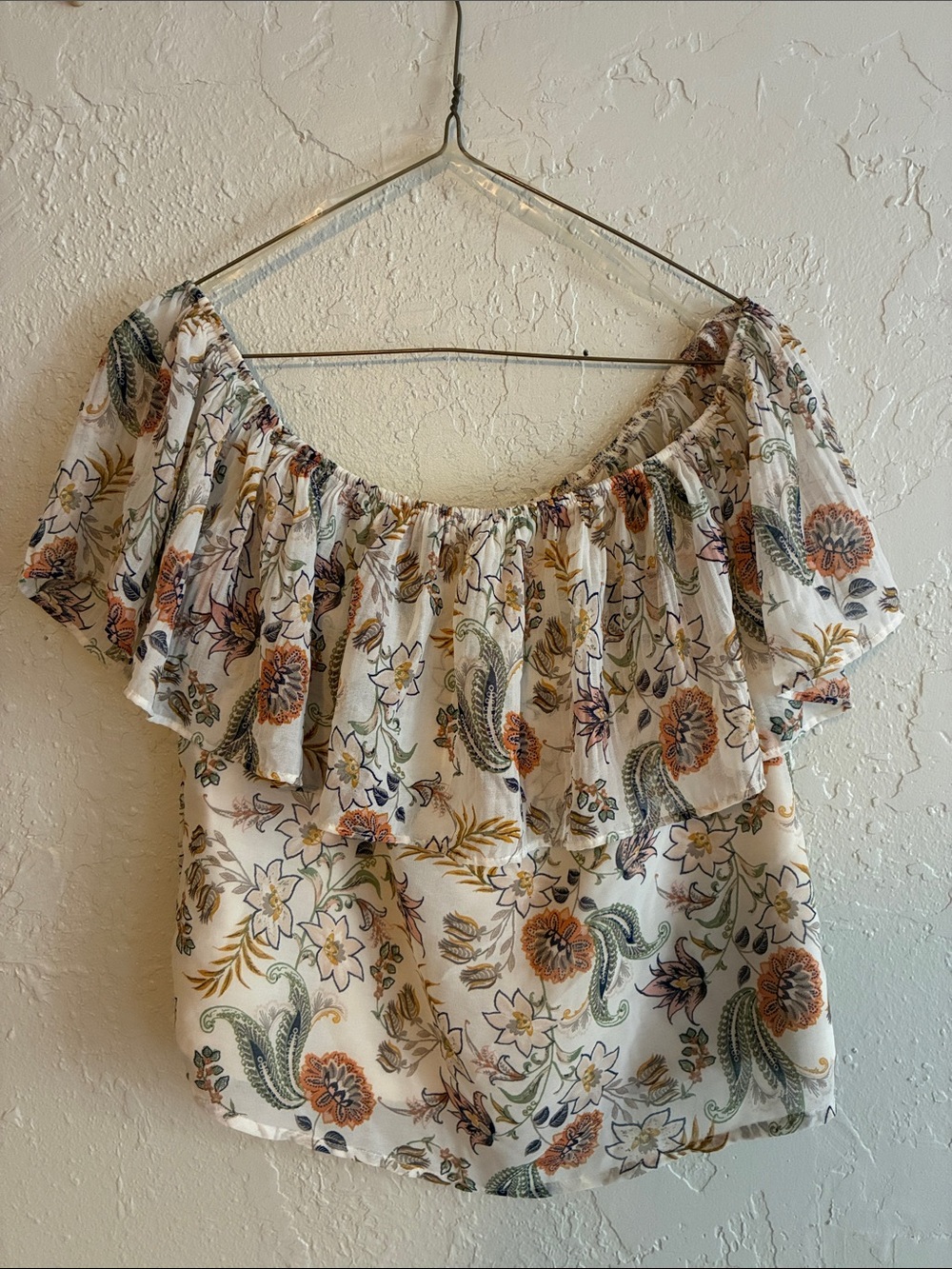 Socialite Floral Off-Shoulder Ruffle Top in Ivory, Green and Rust